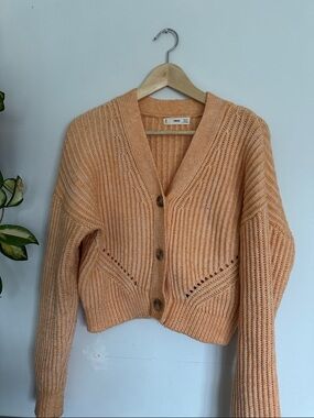 Mango Light Peach Ribbed Button-Front Cardigan